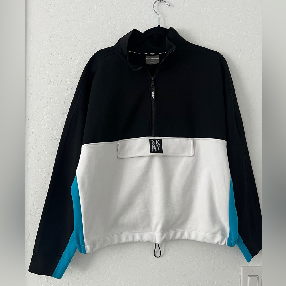DKNY Sport Colorblock Quarter Zip Pullover with Kangaroo Pocket - XL